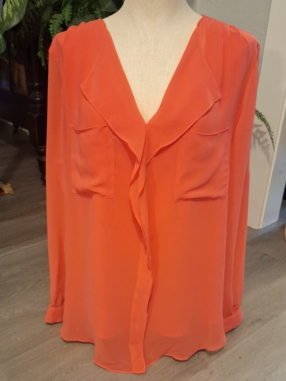 Calvin Klein Coral Orange V-Neck Long Sleeve Blouse